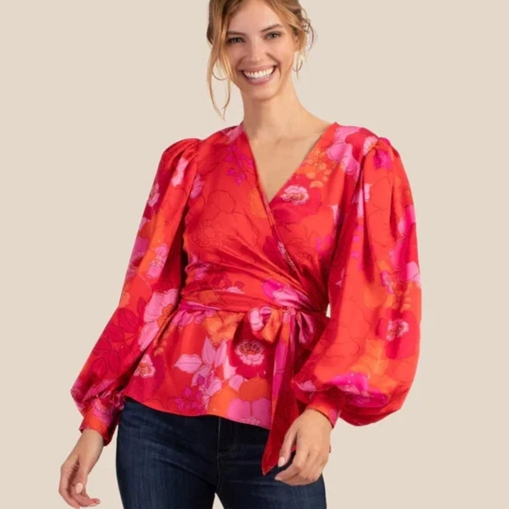 Trina Turk Aquatic Floral‎ Wrap Top Women XS Red Pink Satin Ballon Sleeve Blouse